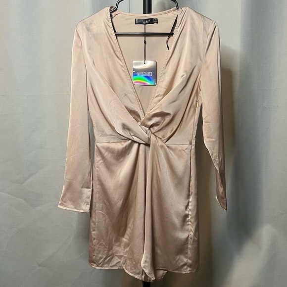 Missguided Petite Plunge Twist Front Shift Metallic Champagne Dress 4 - Picture 3 of 9